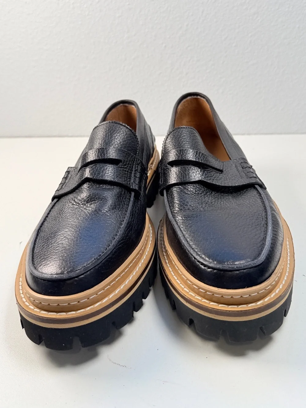 TAFT Mens Black Leather Penny Loafers Size 11 Chunky Lug Sole Made in Spain